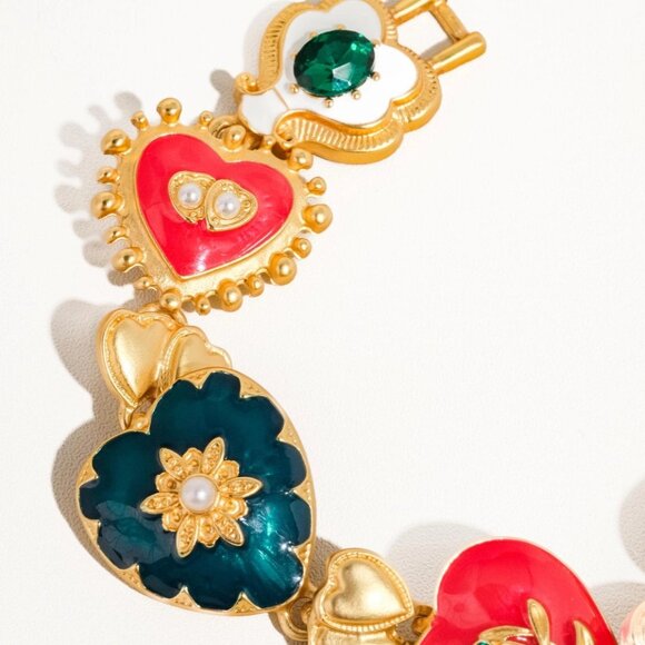 Matte 18K Gold-Plated Baroque Heart Multi-Color Bracelet - Picture 2 of 3